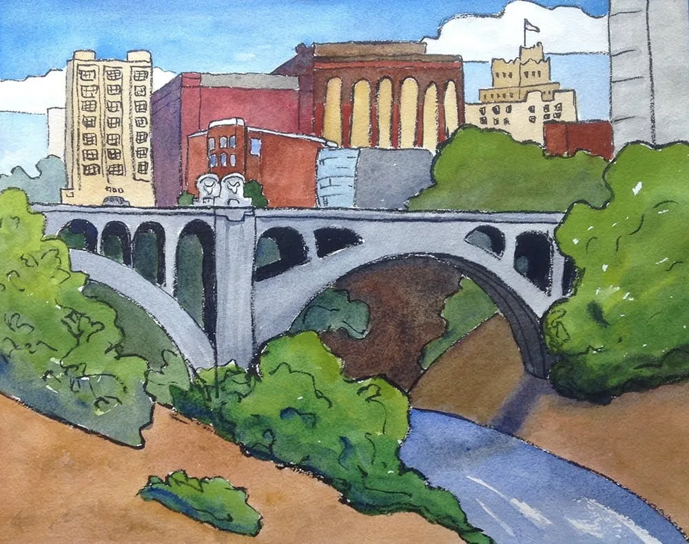 Illustration of Monroe Street Bridge over the Spokane River by local artist Megan Perkins