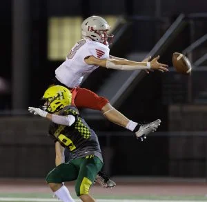 Jake Gaffaney reaches for the interception inches from his fingertips.